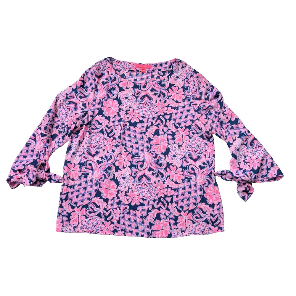Lilly‎ Pulitzer Top Womens Large Langston 3/4 Blouse Indigo Love You Bunches